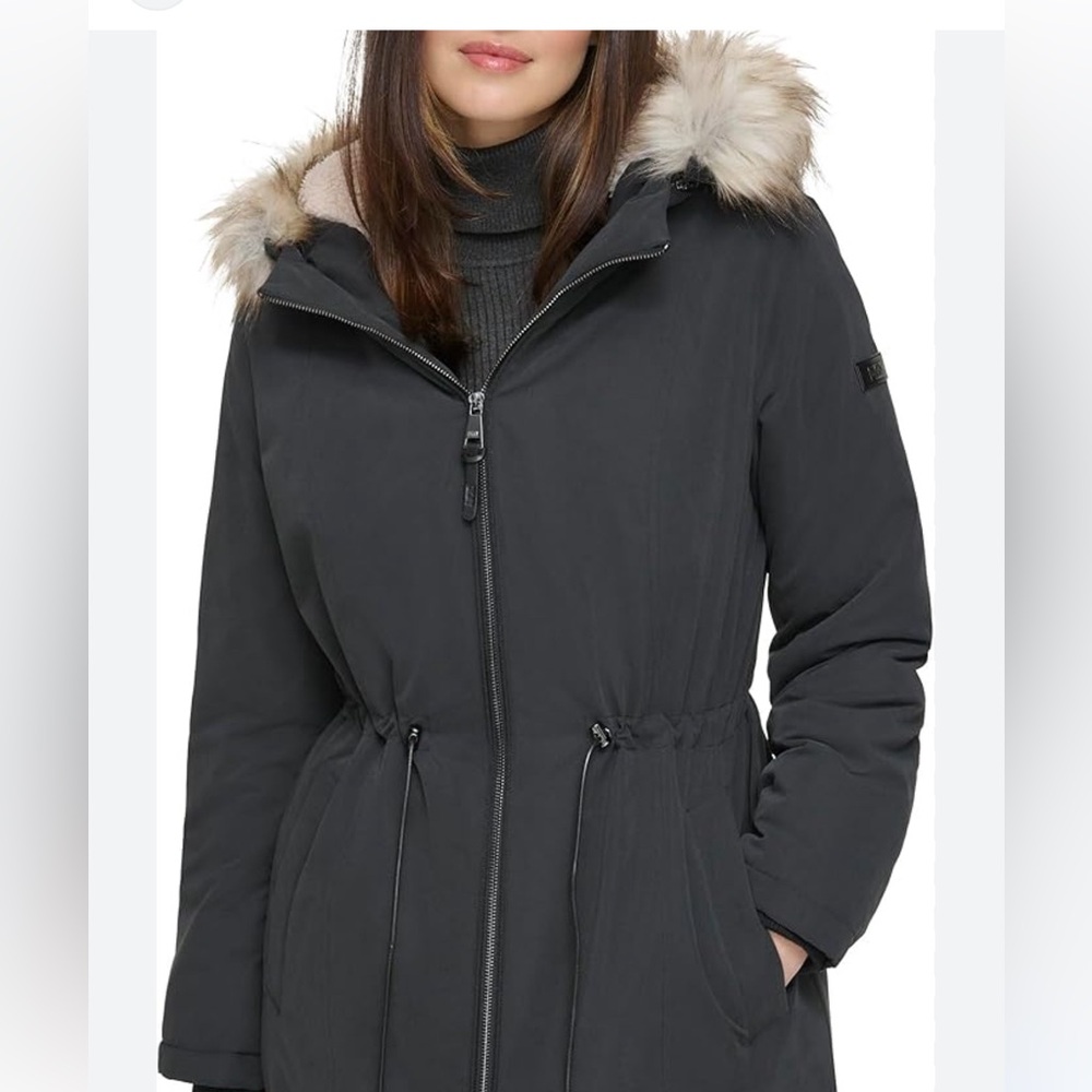 Dkny Black Coat with fur Hood and sinched waist